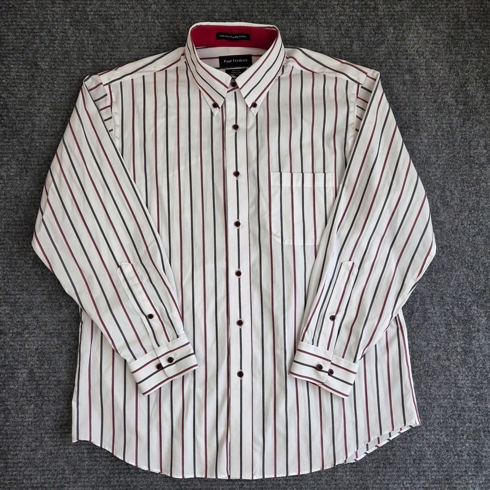 Paul Fredrick Mens 16.5 x 33 Tailored Fit Non-Iron Cotton Striped Shirt Red Grey
